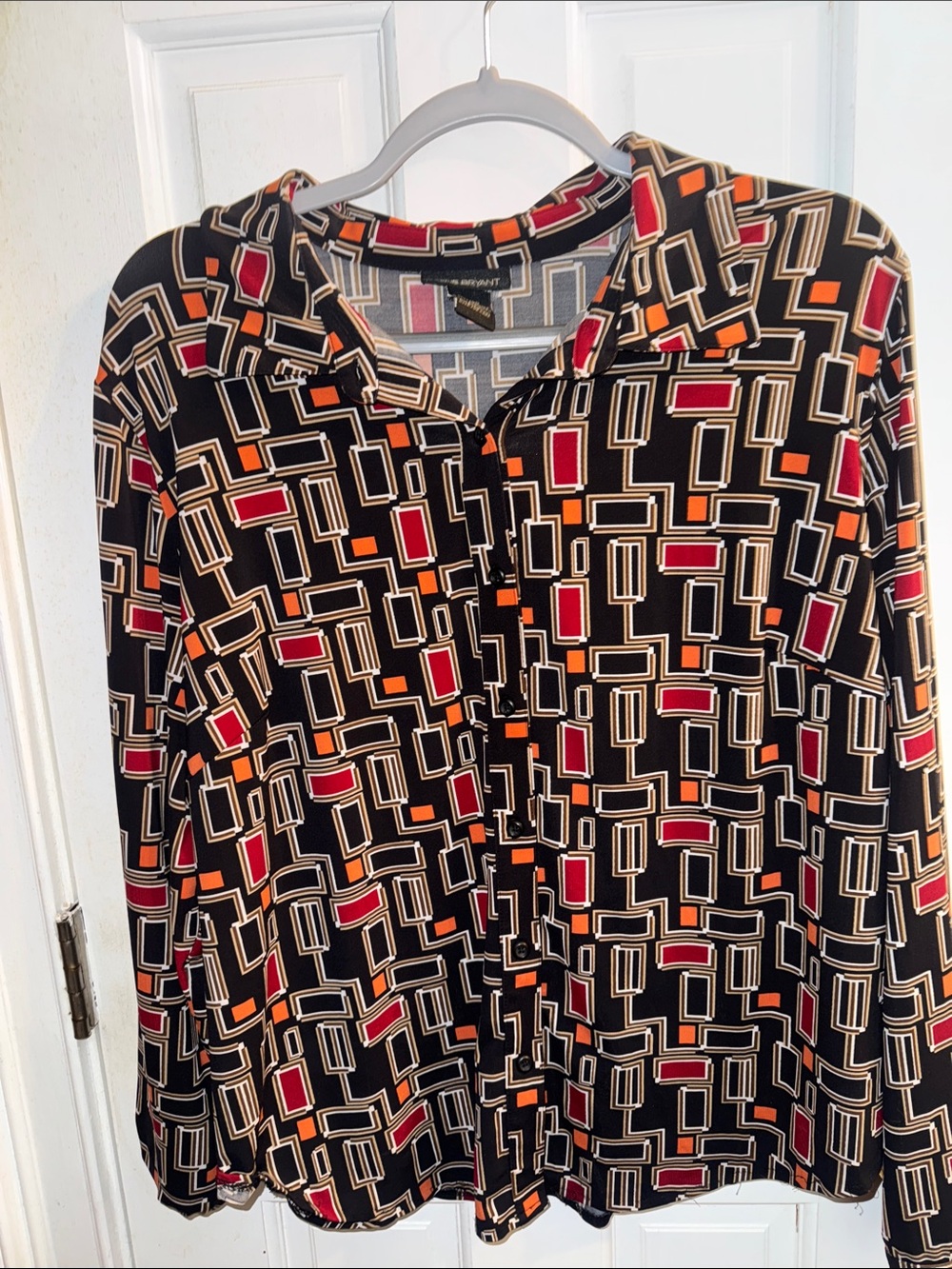 Lane Bryant Black Geometric Blouse with Red and Orange Accents
